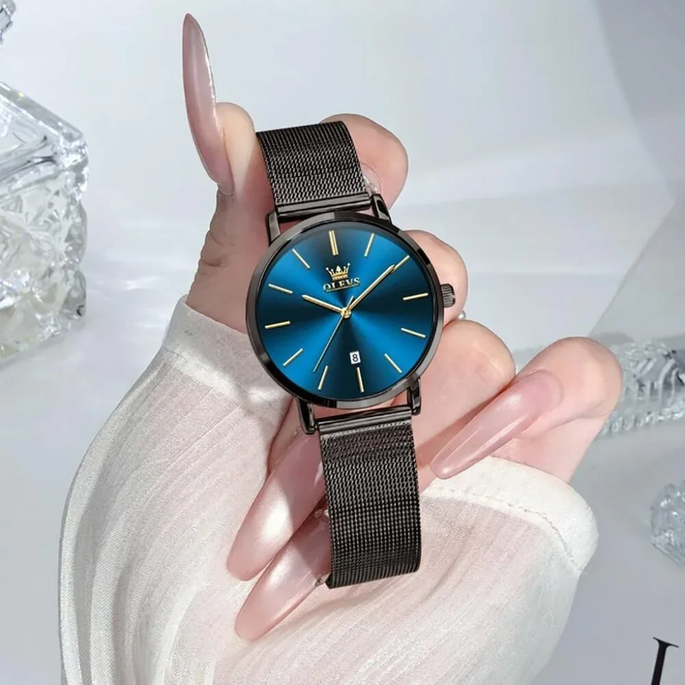 Women's Blue Black Watches for Ladies Female Wrist Watch Leather Band Waterproof
